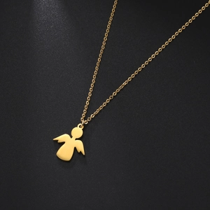 Detailed close-up of golden angel pendant with spread wings on a fine link chain