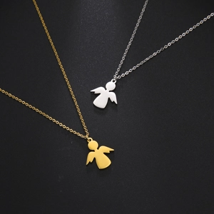 Detail view of angel silhouette pendants in polished gold and silver finishes
