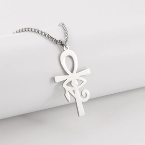 Collier pour hommes en acier inoxydable avec pendentif croix Ankh et œil d'Horus égyptien