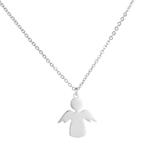 Polished silver stainless steel angel pendant necklace with a minimalist O-chain design
