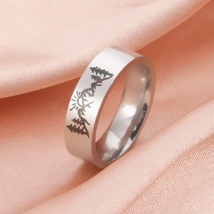 Anillo de Acero Inoxidable Minimalista Para Hombre Mujer Grabado Láser Patrón Montaña Bosque Amanecer Banda 6mm Joyería