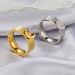 Minimalist stainless steel ring with crescent moon pendant in gold and silver finish