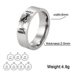 Anillo de acero inoxidable de 6 mm con diseño de montaña y tabla de tallas detallada
