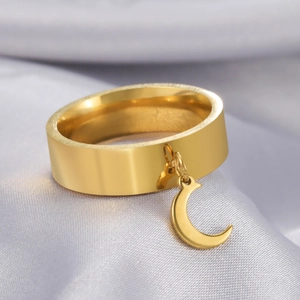 Gold plated stainless steel ring with polished finish and crescent moon pendant charm