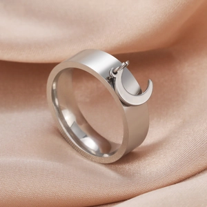 Minimalist Stainless Steel Wide Band Ring With Crescent Moon Pendant For Women Men Simple High Polished Fashion Jewelry Gift