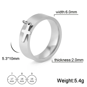 Polished stainless steel ring with solid cross pendant, 6mm band width for women and men