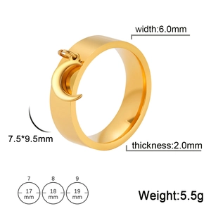 Minimalist gold stainless steel ring with crescent moon pendant and size specifications