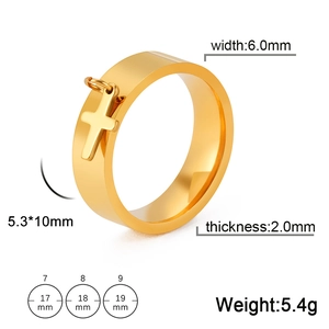 Detail view of gold stainless steel ring with cross pendant and size specifications