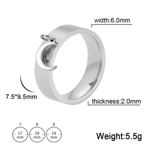 Polished stainless steel ring with moon pendant including size and weight measurements