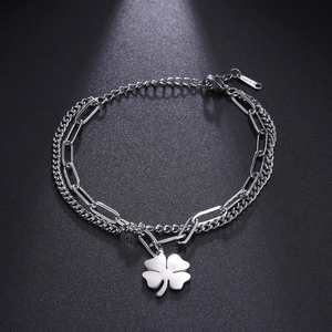 Double-layered silver titanium steel bracelet with clover pendant and paperclip chain links