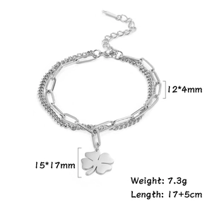 Silver stainless steel double-layered chain bracelet with polished four-leaf clover pendant