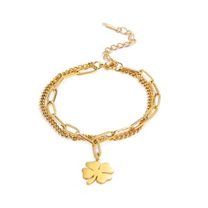 Double-layer 18K gold plated clover pendant bracelet with paperclip and cuban links