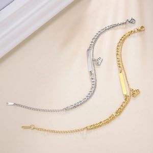 Minimalist double layer stainless steel chain bracelet with crown pendant and ID plate