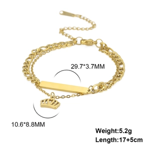 Stainless steel double layer bracelet with gold rectangular bar and crown pendant