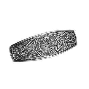 Vintage Viking Vegvisir hair clip with Celtic knots and Rune symbols in antique silver finish