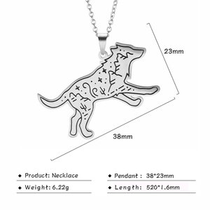 Stainless steel wolf silhouette necklace with engraved mountain and starry night scenery