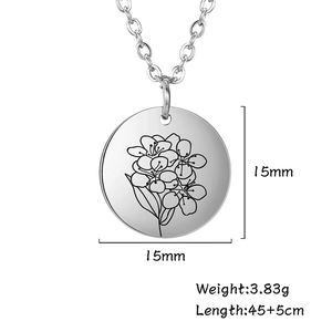 Collana con incisione fiore di biancospino con ciondolo tondo 15mm e catena in acciaio