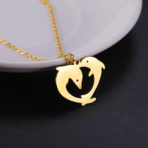 Collana con Ciondolo a Cuore con Doppio Delfino in Acciaio Inossidabile per Coppie Dolce Oro Argento Gioielli da Collo