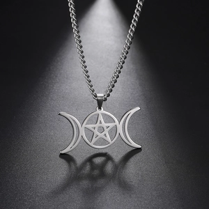 Collier vintage en acier inoxydable avec pendentif triple lune gothique et pentagramme