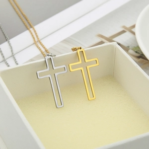 Polished hollow cross pendant necklaces in gold and silver stainless steel finishes