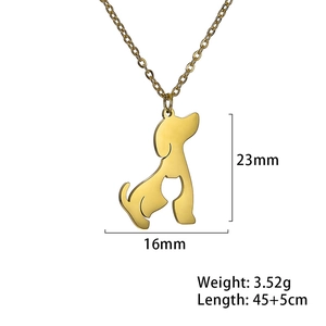 Golden cat and dog silhouette pendant necklace with dimensions and chain length details