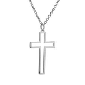 Detail showing a hollow stainless steel cross pendant with a sleek metallic silver finish