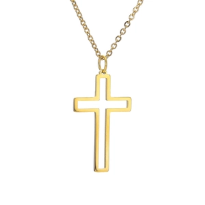 Minimalist gold hollow cross pendant necklace in stainless steel on white background