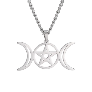 Collier vintage en acier inoxydable avec pendentif déesse triple lune et pentagramme