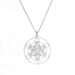Collier en acier inoxydable argenté avec pendentif cube de Métatron et chaîne fine