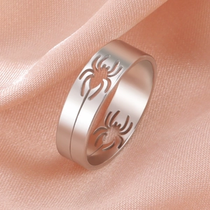 Detail-Makroansicht eines silbernen Edelstahlrings mit einem hohlen Spinnenmuster