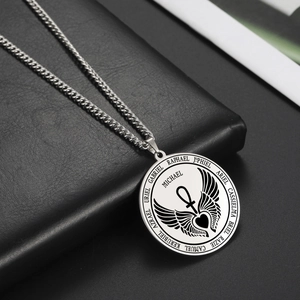 St Michael Erzengel 304 Edelstahl Rund Anhänger Halskette Engelsflügel Ankh Amulett Religiöser Schmuck Herren Damen