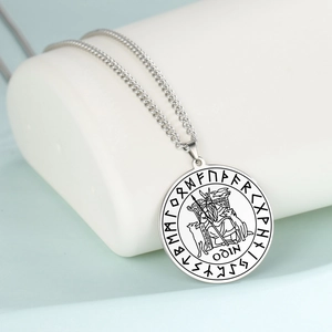 Norse mythology Odin pendant necklace with runic circle in silver stainless steel