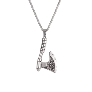 Antique silver Viking axe necklace pendant with Celtic knot engraving for men