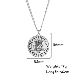 Viking Odin pendant necklace in silver stainless steel with Norse runes and round medallion