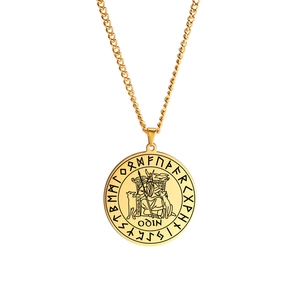 Golden Norse mythology Odin pendant necklace with Runes on stainless steel chain