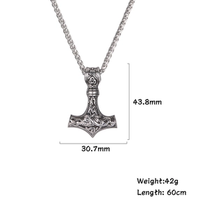 Silver Thor Hammer Mjölnir pendant necklace with Viking knotwork and braided steel chain