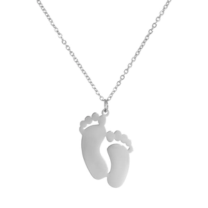 Polished stainless steel necklace featuring unique double footprint pendants on a fine link chain