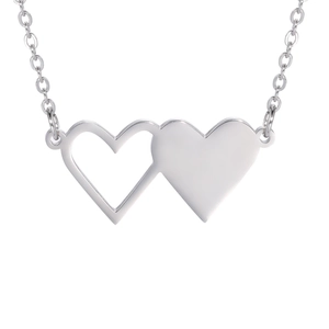 Collana in acciaio inossidabile argento con pendente a doppio cuore traforato e lucido