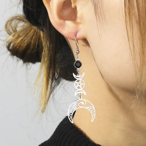 Boucles d'oreilles lune en acier inoxydable avec gemme noire et triple lune