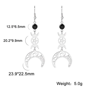 Boucles d'oreilles lune triple et pentagramme en acier inoxydable argenté poli