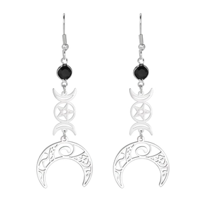 Silberne Triple Moon Ohrringe mit Pentagramm, schwarzer Perle und Mondsichel Anhänger