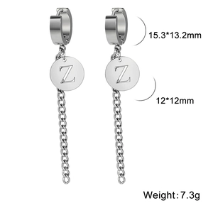 Boucles d'oreilles en acier titane argent avec pendentif rond Z et chaîne pendante