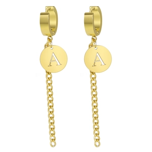 Boucles d'oreilles dorées en acier inoxydable avec pendentif lettre A et chaînette