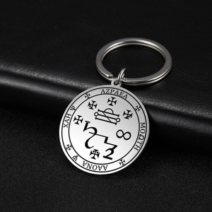 Macro shot of silver stainless steel keychain featuring laser-engraved occult seal patterns