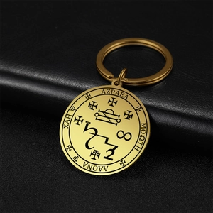 Stainless Steel Occult Amulet Round Pendant Keychain With Sigil Mystical Symbols Vintage Religious Charm Key Ring For Unisex