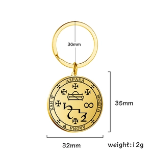 Macro detail of golden stainless steel magic talisman keychain with mystical engravings