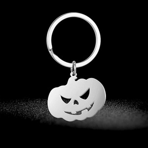 Polished silver stainless steel angry pumpkin head keychain for Halloween festive style