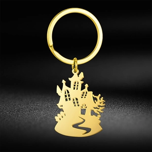 Golden gothic castle silhouette keychain with a mirror finish for Halloween and Christmas