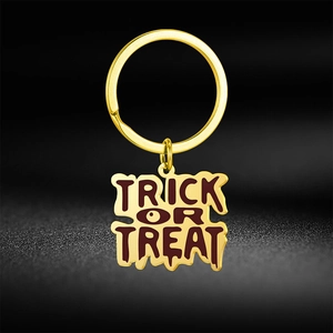 Porte-clés Trick or Treat en acier inoxydable doré avec émail rouge pour Halloween
