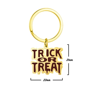 Détail du porte-clés Trick or Treat en acier inoxydable doré avec dimensions